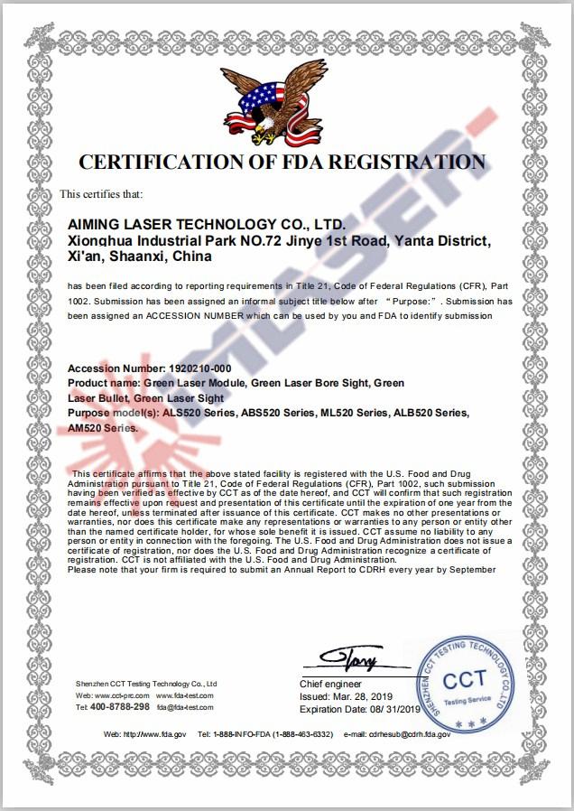 AIMLASER Green Laser Module FDA Certificate